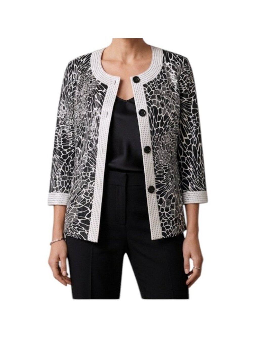 Chicos Black & White Embellished Lined Sequin Elegant Blazer Jacket Size 3 XL